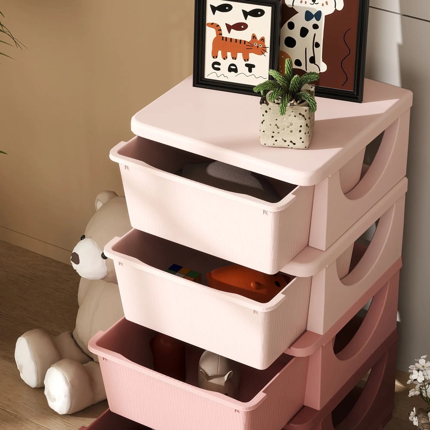 HOMCOM Four-Tier Kids Storage Boxes, with Four Removable Drawers, Pink