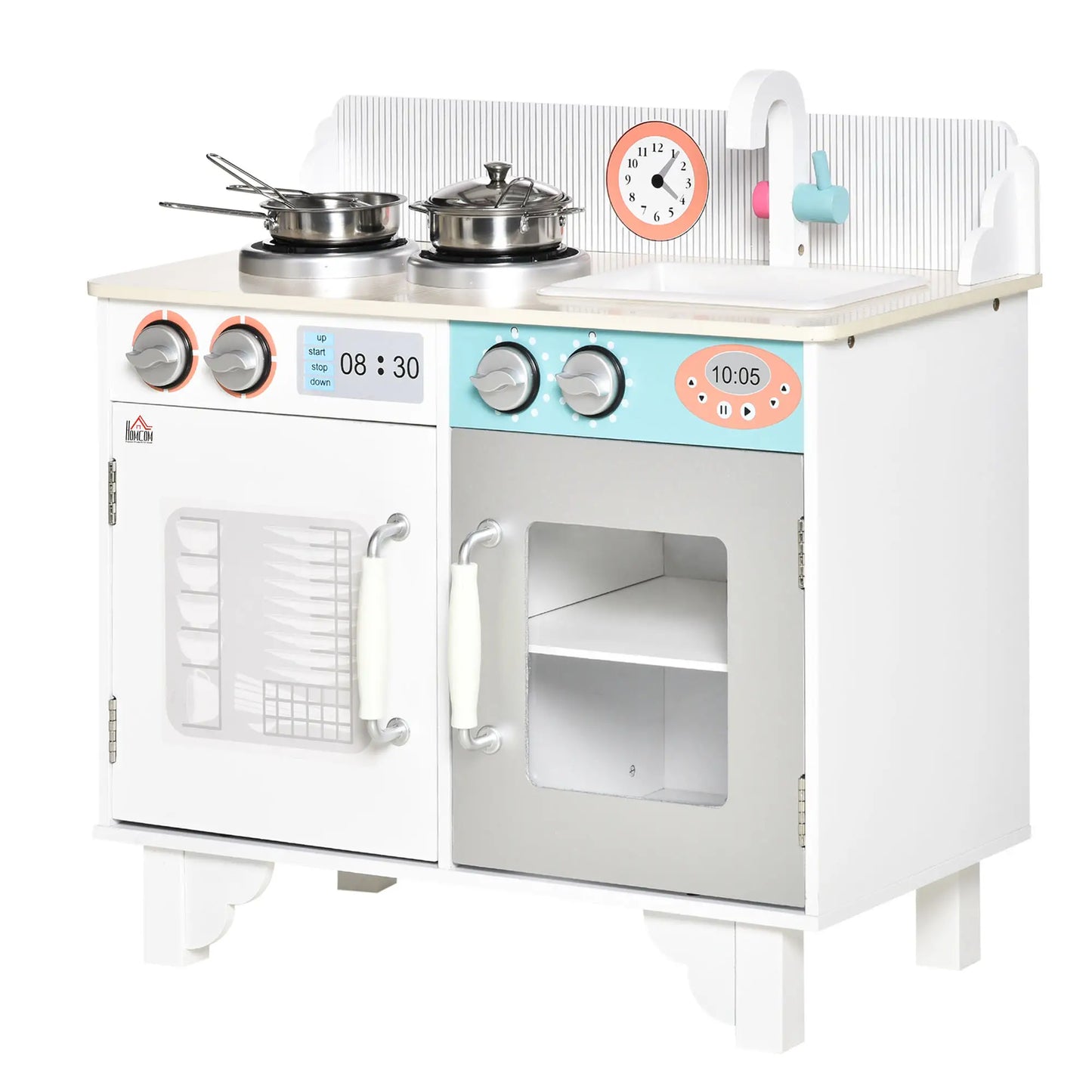 HOMCOM Kids Wooden Play Kitchen Toy Cooking Set Pretend Role Playset, Cooking Bench, Stainless Steel Pot for 3-6 Years