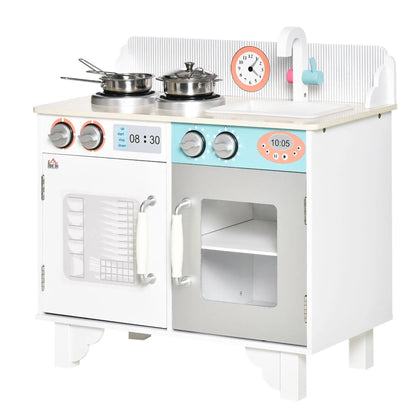 HOMCOM Kids Wooden Play Kitchen Toy Cooking Set Pretend Role Playset, Cooking Bench, Stainless Steel Pot for 3-6 Years