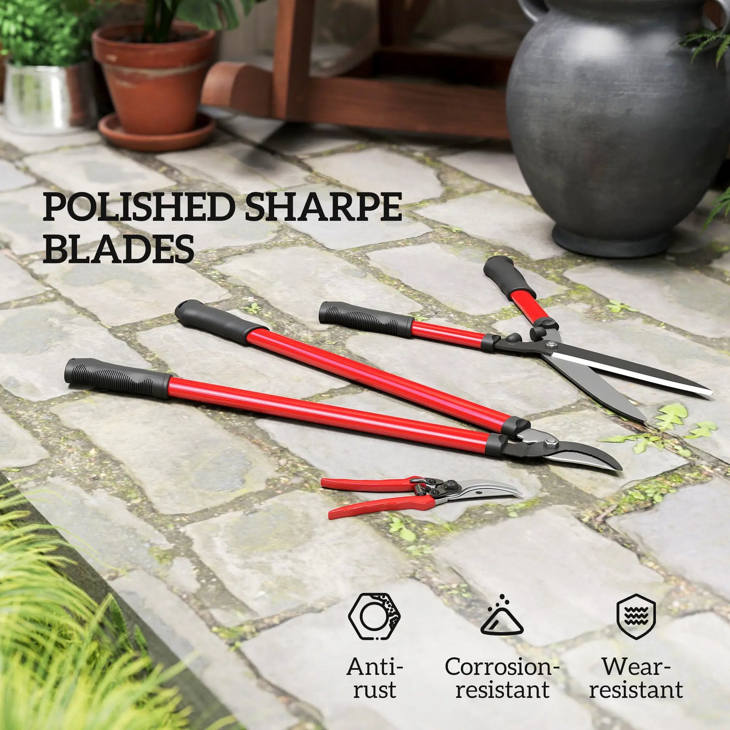 Outsunny 3 Pcs Garden Shears Set with Hedge Shears, Lopper, Garden Secateurs, Lightweight and Compact, Tree Shrub Care Kit