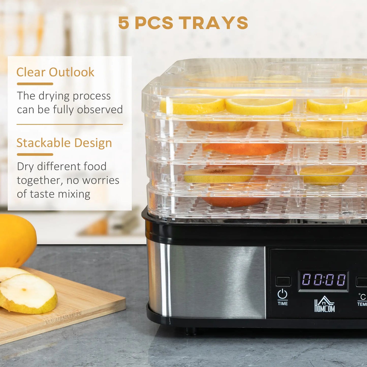 HOMCOM 5 Tier Food Dehydrator, 245W Stainless Steel Food Dryer with Adjustable Temperature, Timer & LCD Display, Black