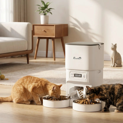 PawHut Automatic Cat Feeder Timed Portion Control Pet Food Dispenser with 2 Stainless Steel Bowls