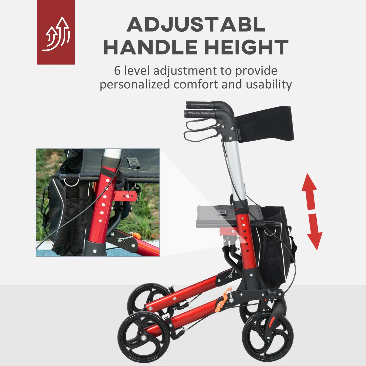 HOMCOM Folding 4 Wheeled Rollator Walker with Seat and Backrest, Lightweight Walking Frame, Dual Brakes, Adjustable Handle Height