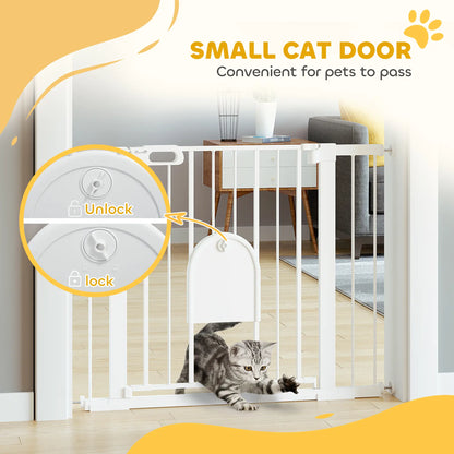 PawHut Dog Gate with Cat Flap Pet Safety Gate Barrier, Stair Pressure Fit, Auto Close, Double Locking, for Doorways, White