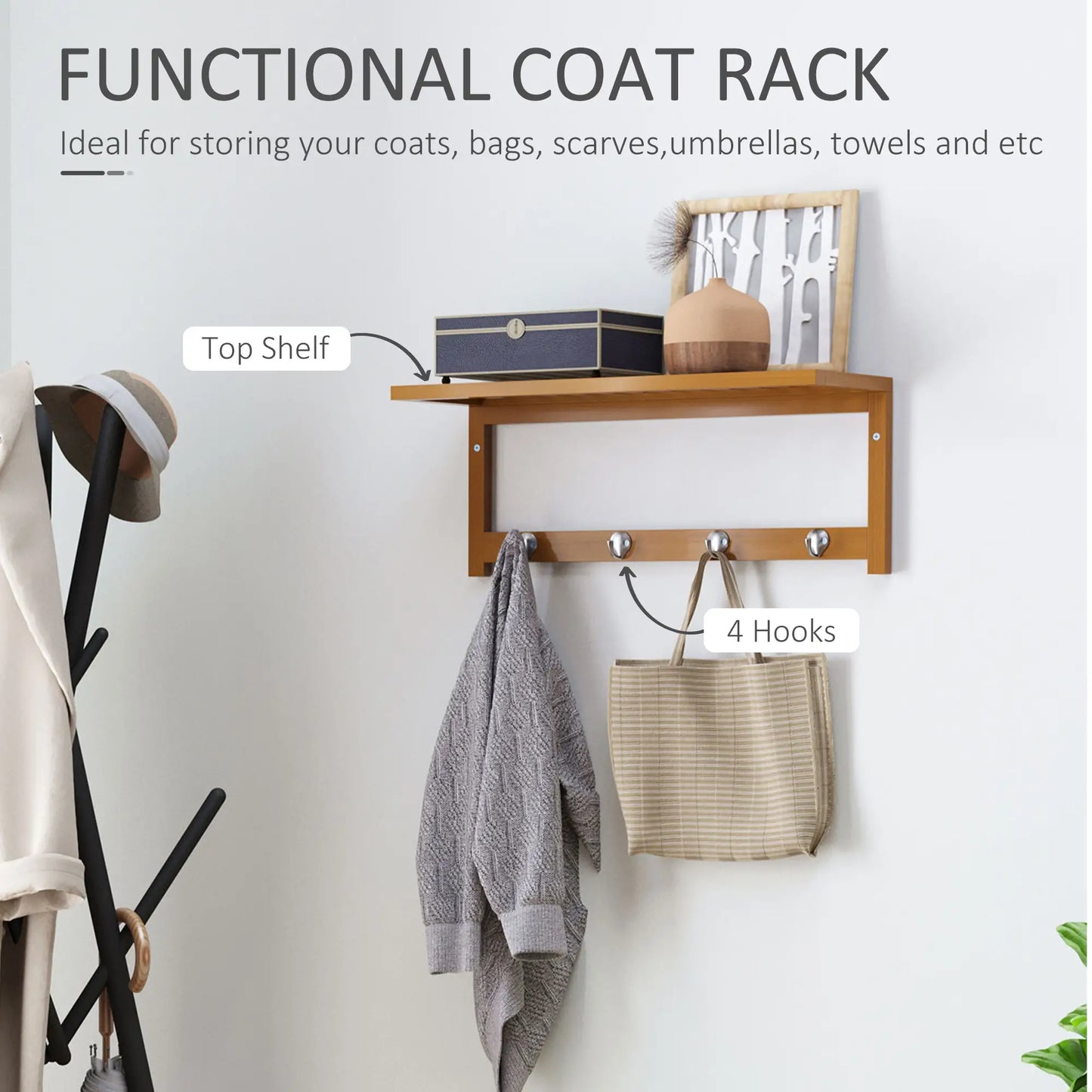 HOMCOM Wall Mounted Coat Clothes Hat Hanger 4 Hooks Rack Stand with Rail & Storage Shelf