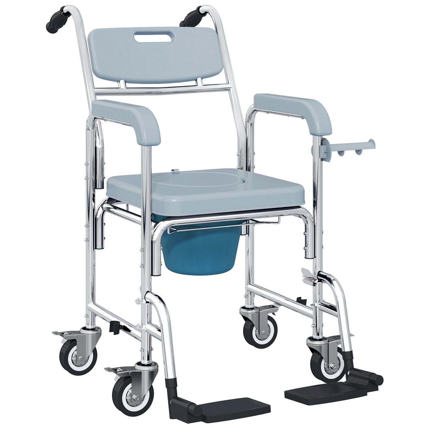HOMCOM Rolling Shower Wheelchair for Seniors, Bedside Commode Chair with Locking Wheels, Backrest, Arms, Grey