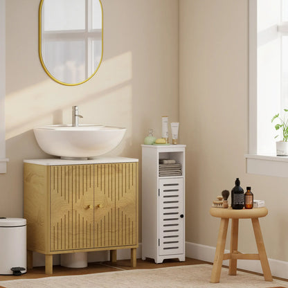 HOMCOM Bathroom Floor Cabinet, Storage Unit with Louvered Door, Open Shelf, Adjustable Shelf, White