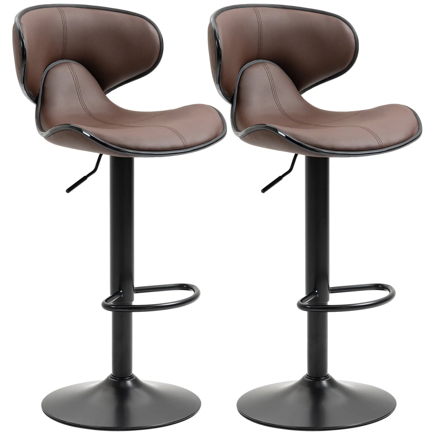 HOMCOM Adjustable Swivel Bar Stools Set of 2, Barstools with Footrest and Backrest, Steel Frame Gas Lift, for Kitchen, Dining Room, Brown