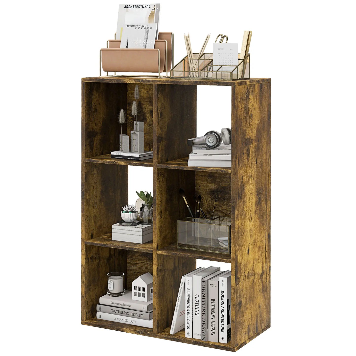 HOMCOM 3-tier 6 Cubes Storage Unit Particle Board Cabinet Bookcase Organiser Home Office Shelves Rustic Brown