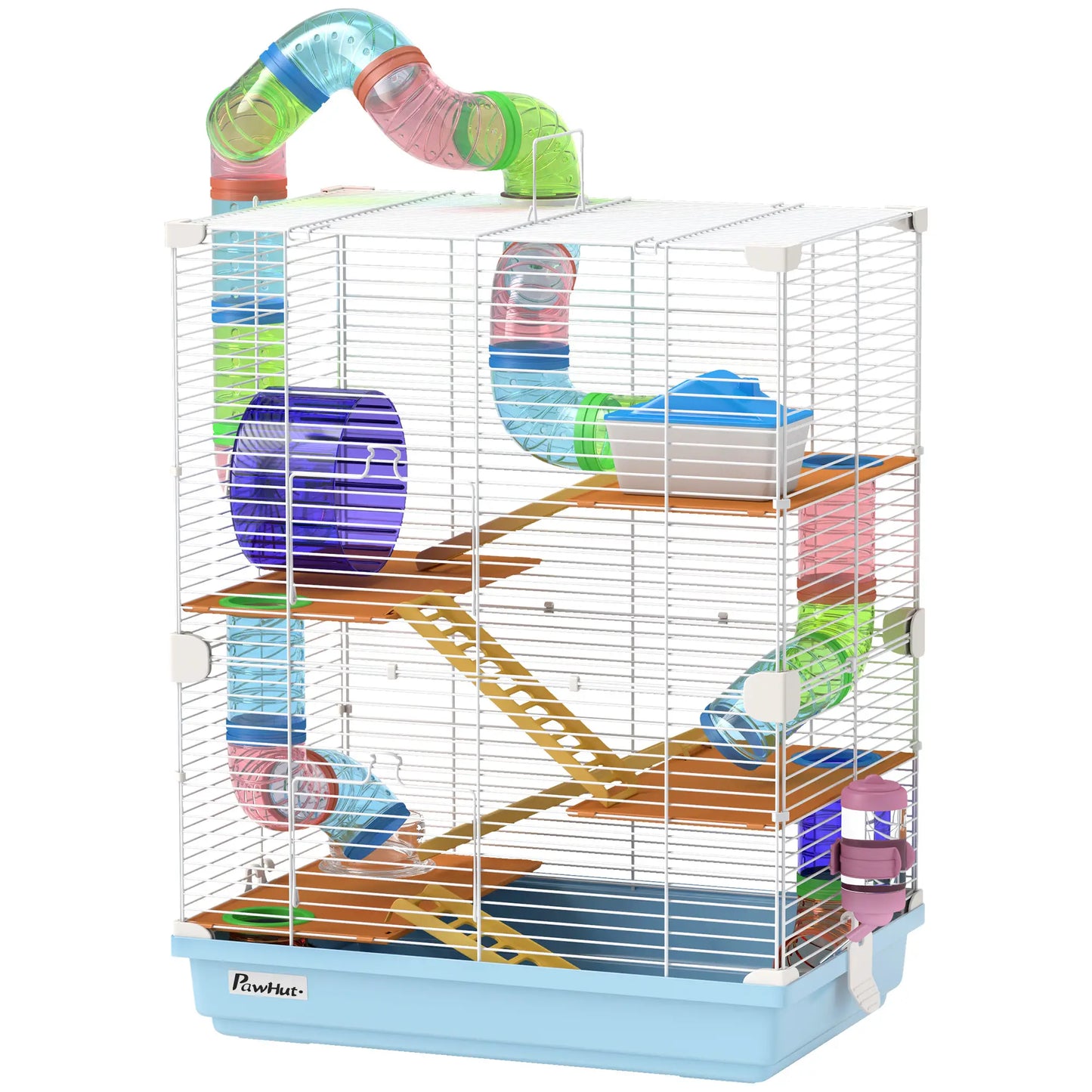 PawHut 5 Tier Hamster Cage Carrier Habitat w/ Exercise Wheels, Tunnel, Light Blue