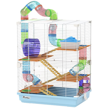 PawHut 5 Tier Hamster Cage Carrier Habitat w/ Exercise Wheels, Tunnel, Light Blue