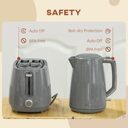 HOMCOM Fast Boil Kettle and 2 Slice Toaster Kitchen Set, 1.7L 3000W with 7 Level Browning Controls, Grey