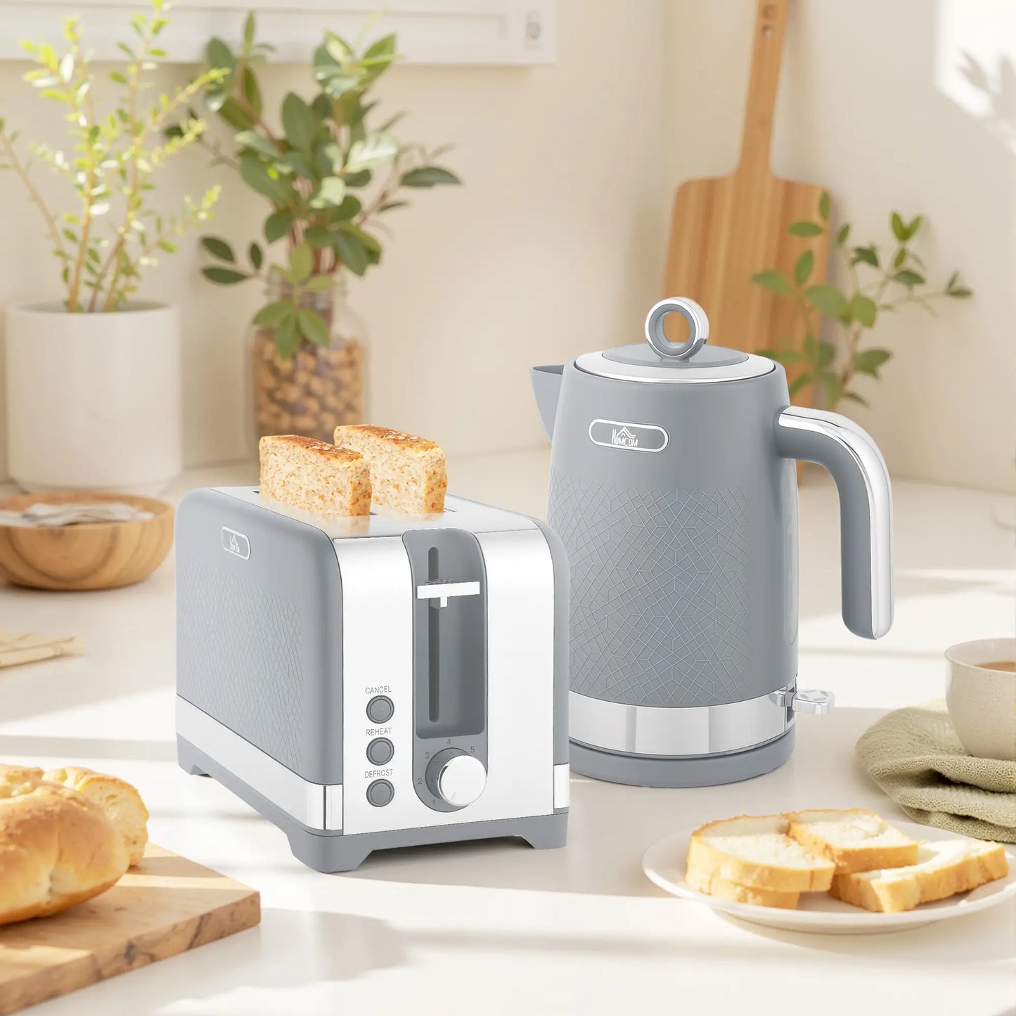 HOMCOM Sleek Textured Rapid Boil Kettle & Two-Slice Toaster Kitchen Set - Grey