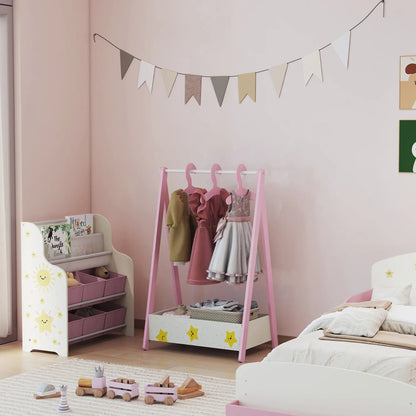 AIYAPLAY Kids Baby Clothing Rack with Hangers, Storage Shelf, Star Theme for Ages 3-6, Pink