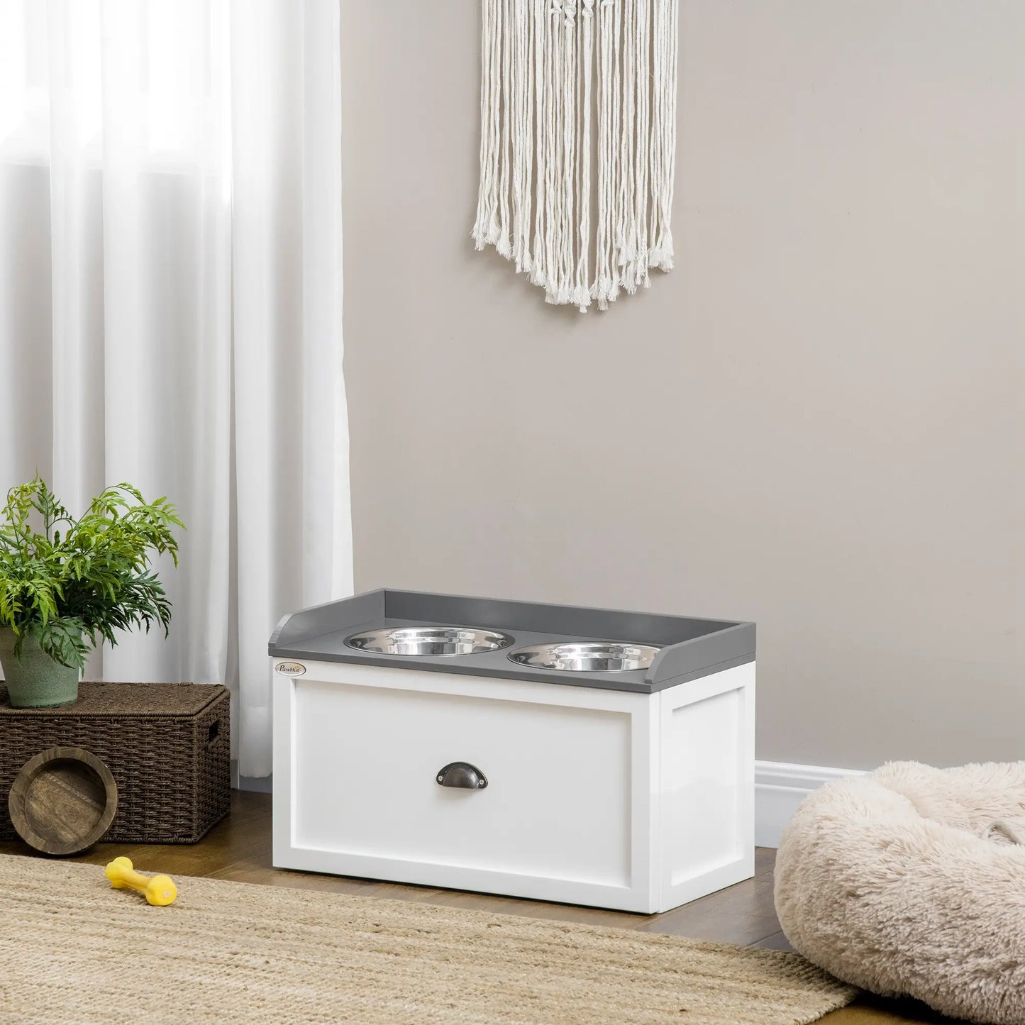 PawHut Stainless Steel Raised Dog Bowls, with 21L Storage Drawer for Large Dogs and Cats - White