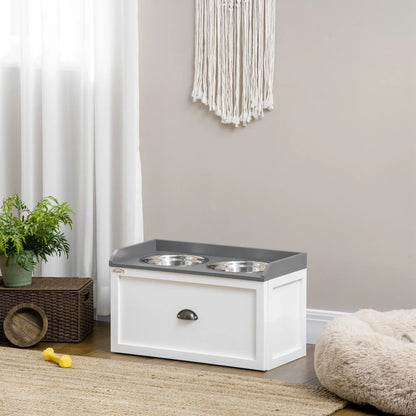 PawHut Stainless Steel Raised Dog Bowls, with 21L Storage Drawer for Large Dogs and Cats - White
