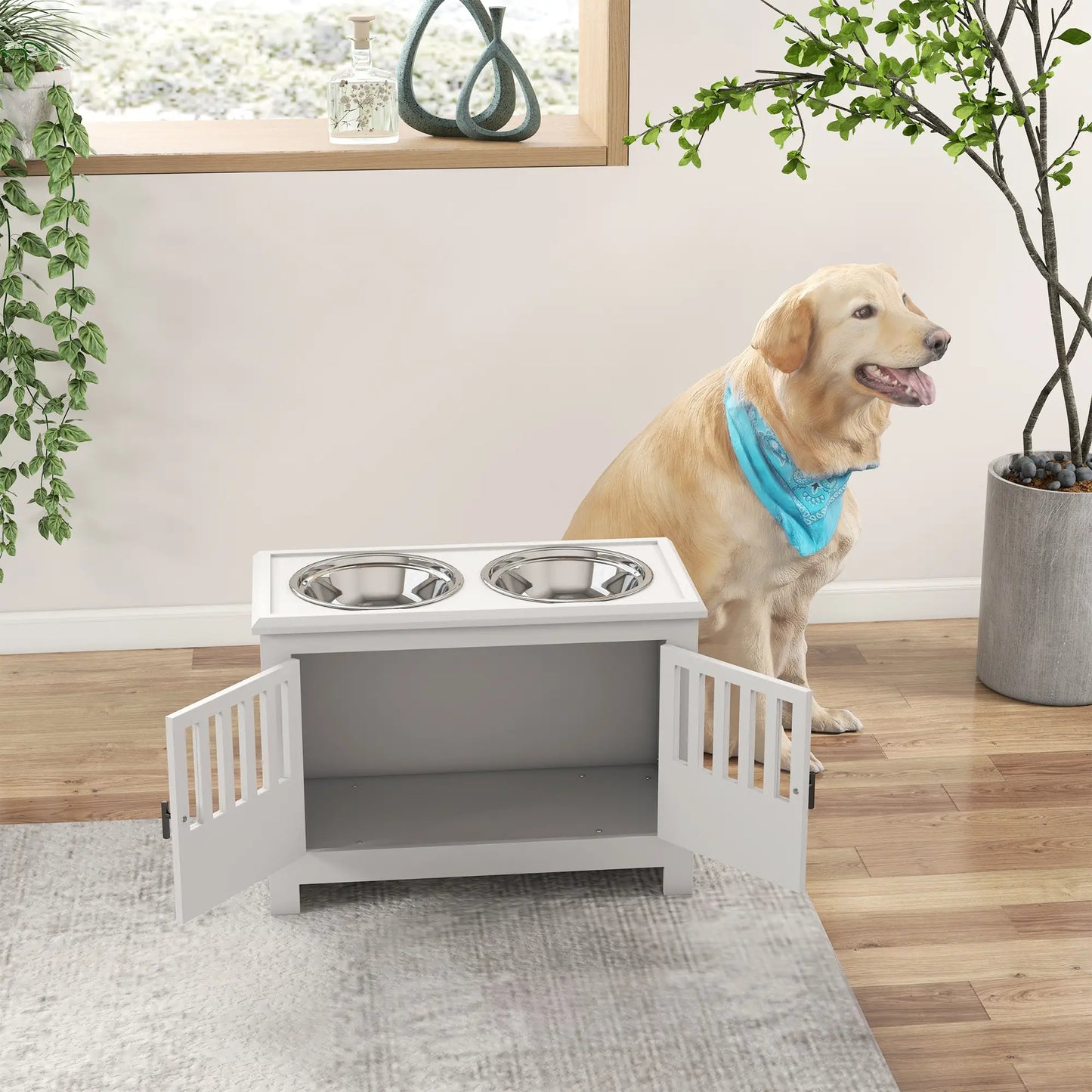 PawHut Raised Dog Bowls, Pet Feeding Station with Storage, Food & Water Bowls for Large Dogs - White