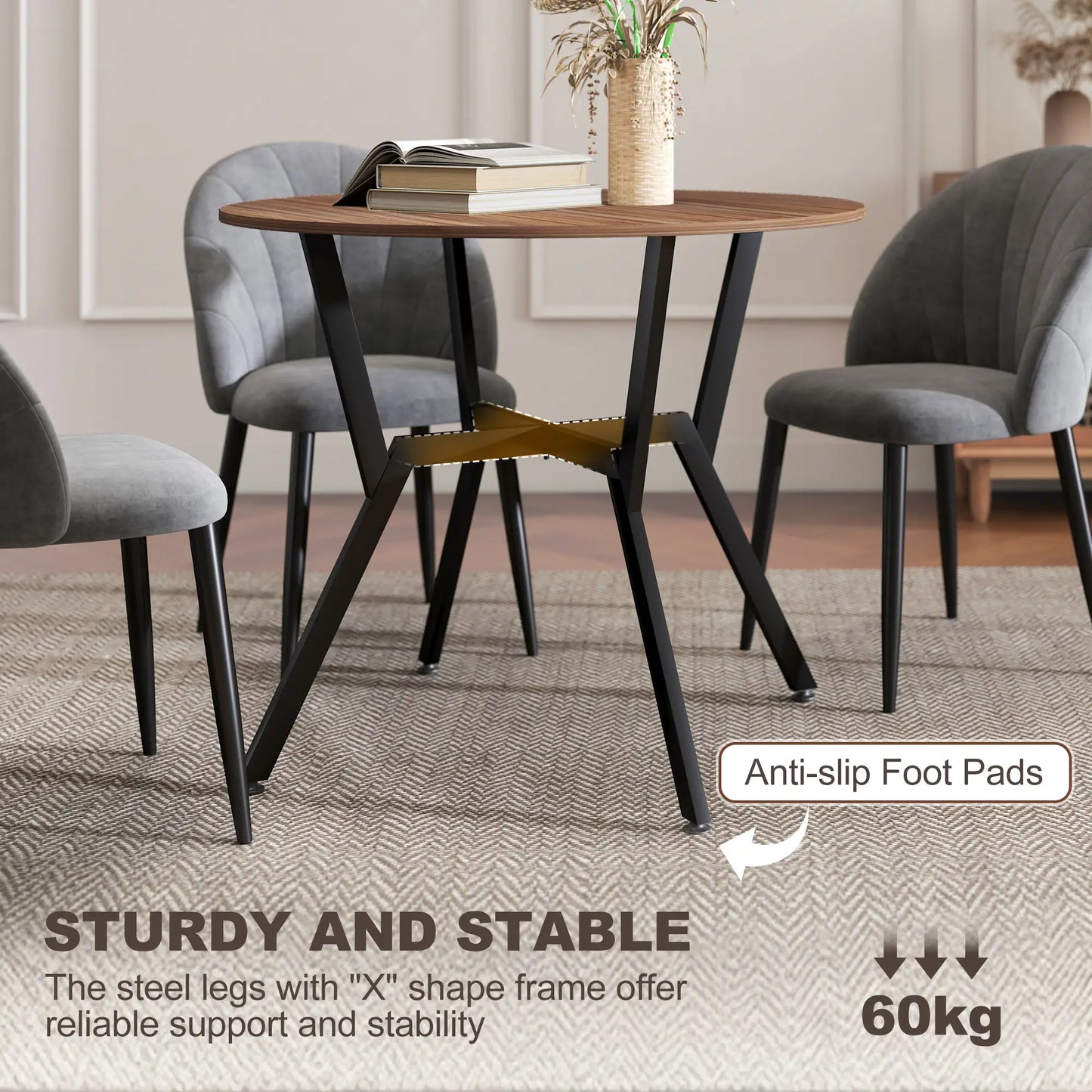 HOMCOM Dining Table, Round Kitchen Table with Black Legs, Anti-Slip Foot Pads, Brown