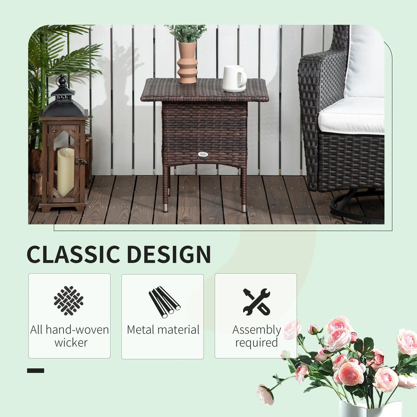 Outsunny Outdoor Rattan Side Table Coffee Table with Full Woven Table Top for Patio, Garden, Mixed Brown