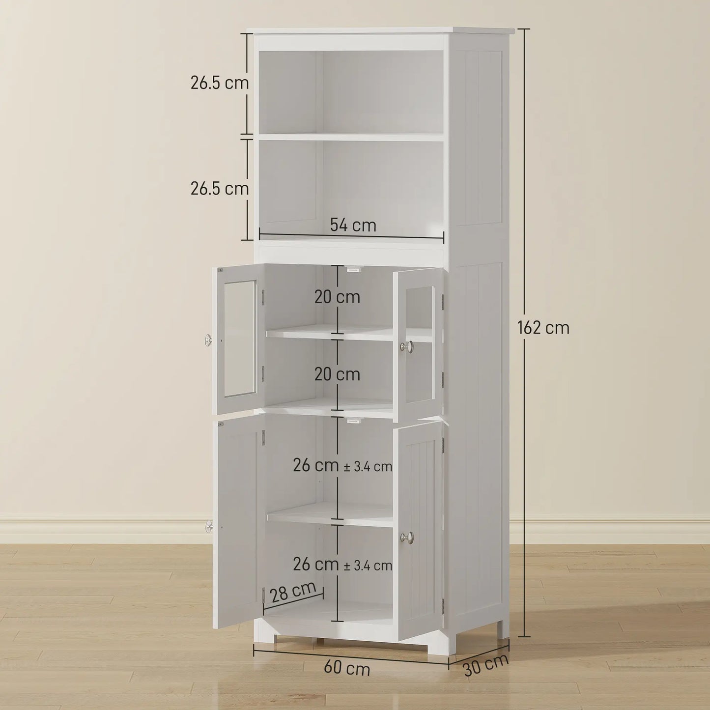 HOMCOM Freestanding Kitchen Cupboard, 4-Door Storage Cabinet with Adjustable Shelf and Glass Doors, White