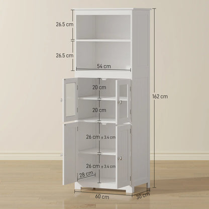 HOMCOM Freestanding Kitchen Cupboard, 4-Door Storage Cabinet with Adjustable Shelf and Glass Doors, White