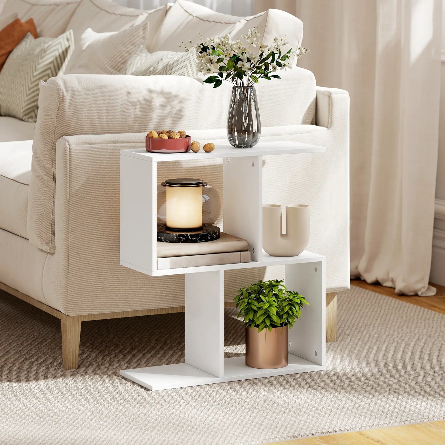 HOMCOM Side Table, Narrow End Table with Storage Shelves, S-Shaped, 3-Tier, White