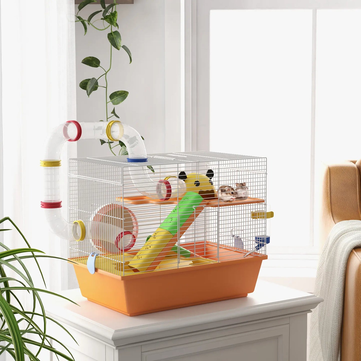 PawHut 3 Tiers Gerbil Cage, Hamster Cage with Tubes, Exercise Wheel, Ladder, Top Handle - Orange