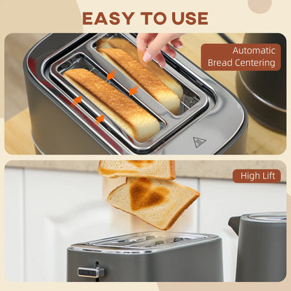HOMCOM Fast Boil Kettle and 2 Slice Toaster Set, Kitchen Set with 6 Level Browning Controls, Defrost, Reheat, 1.7L 3000W Grey
