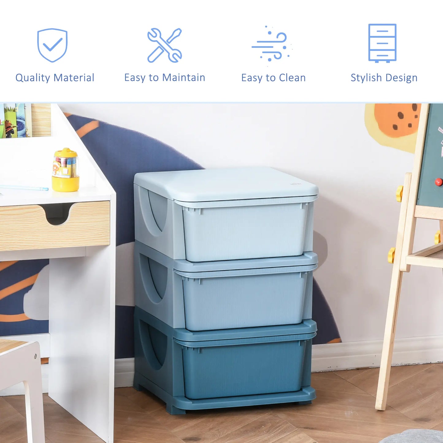 HOMCOM 3 Drawers Plastic Kids Storage Units, 3 Tier Children Toy Chest for Nursery, Playroom, Blue