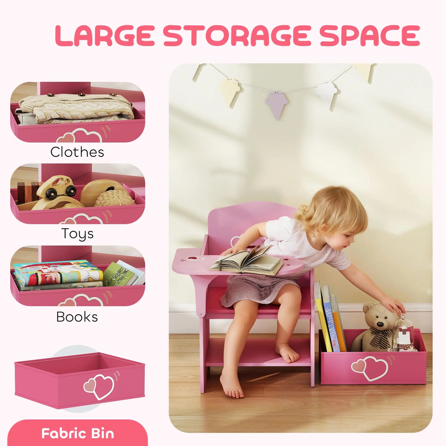 AIYAPLAY Kids Table & Chair Set, Children Desk & Chair with Storage Bins for Playing, Reading, Pink