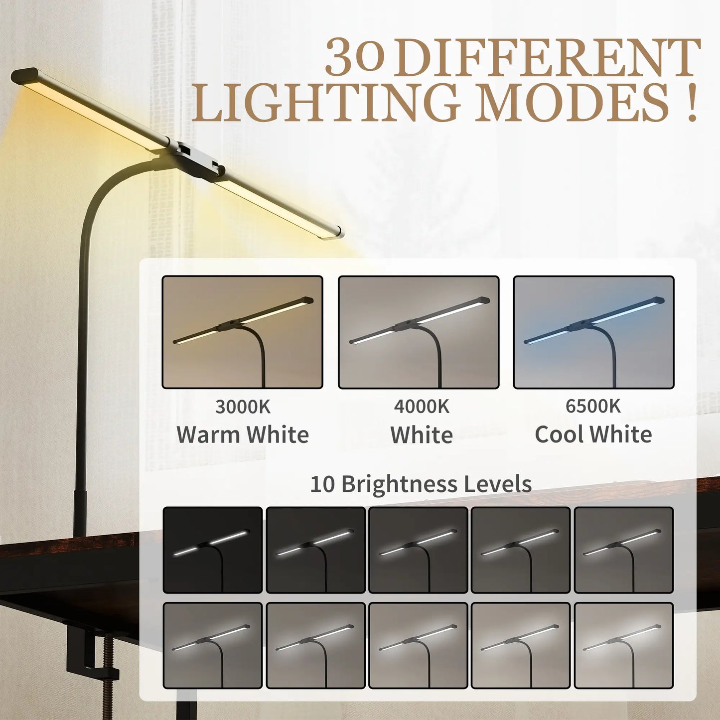 HOMCOM LED Desk Lamp, Double Head Light Table Lamp with 3 Colour Modes & 10 Brightness Levels, Timer, Black