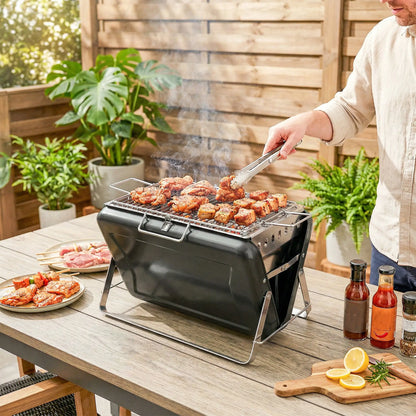 Outsunny Charcoal BBQ Grill Portable Stainless Steel Barbecue with Tilting Grate for Camping Picnic, Black