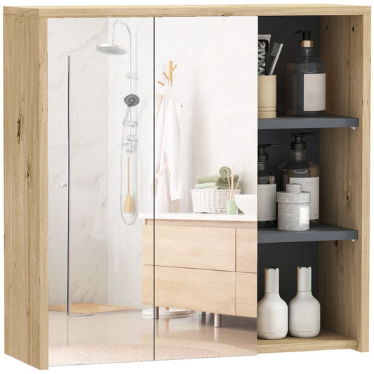 HOMCOM Five-Shelf Mirrored Bathroom Storage Mirror Cabinet - Wood-Effect