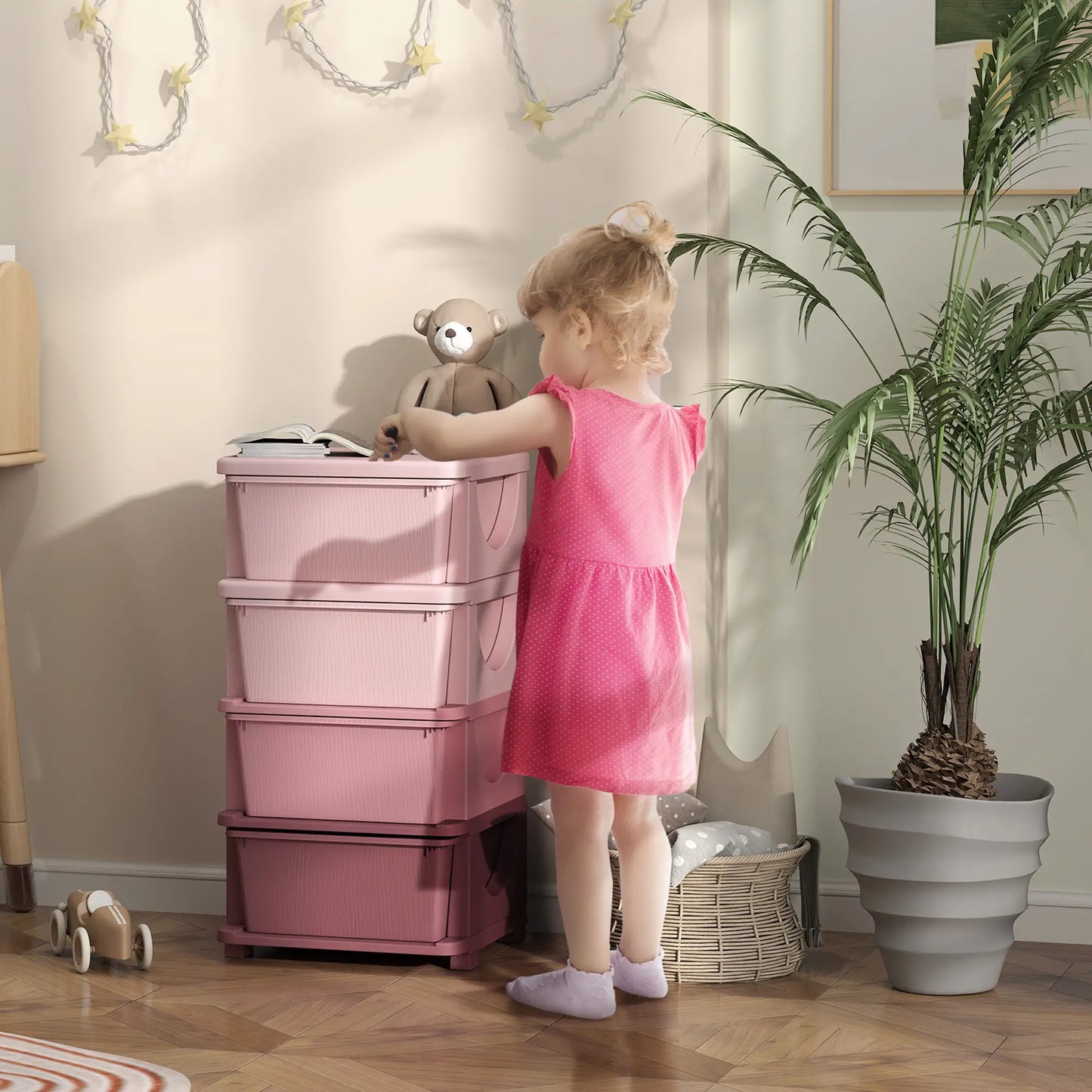 HOMCOM Four-Tier Kids Storage Boxes, with Four Removable Drawers, Pink