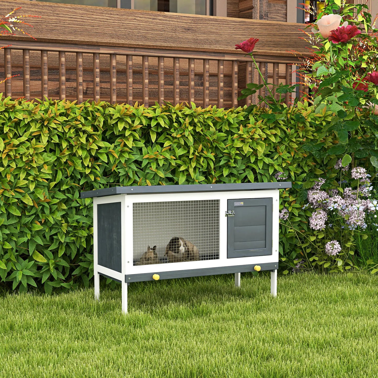 PawHut Wooden Rabbit Hutch Guinea Pig Hutch Bunny Cage Small Animal Habitat Openable Asphalt Roof for Outdoor Use