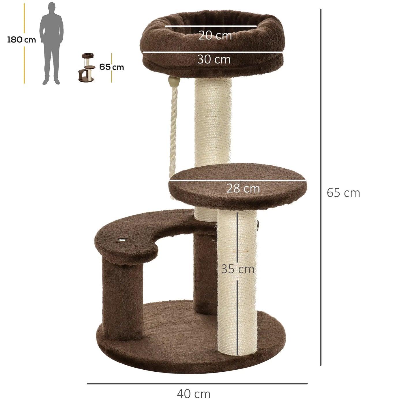 PawHut 65cm Cat Tree, Cat Tower for Kittens, Small Cat Condo with Sisal Scratching Posts, Hanging Rope - Brown
