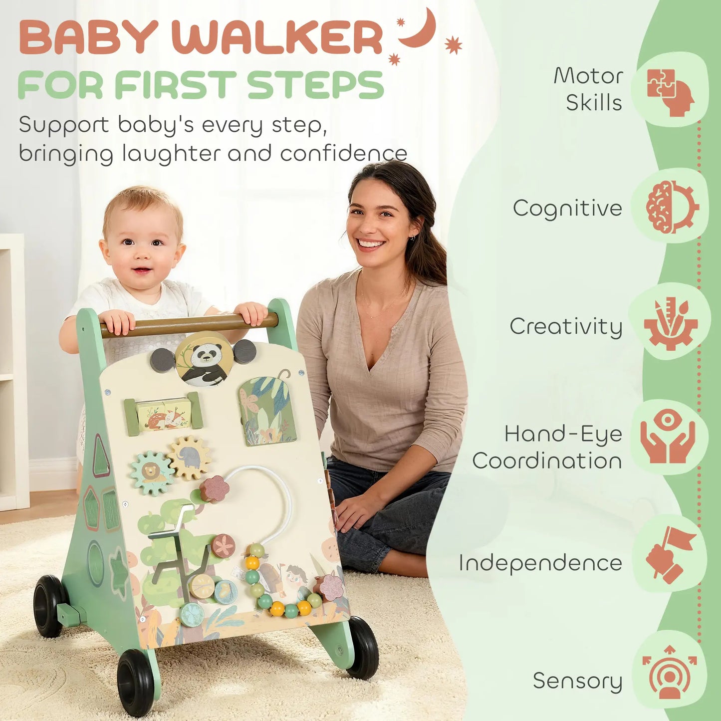 AIYAPLAY Wooden Baby Walker, Push Along Walker Toys with Speed Control, Xylophone, Gears & Bead Maze, Green