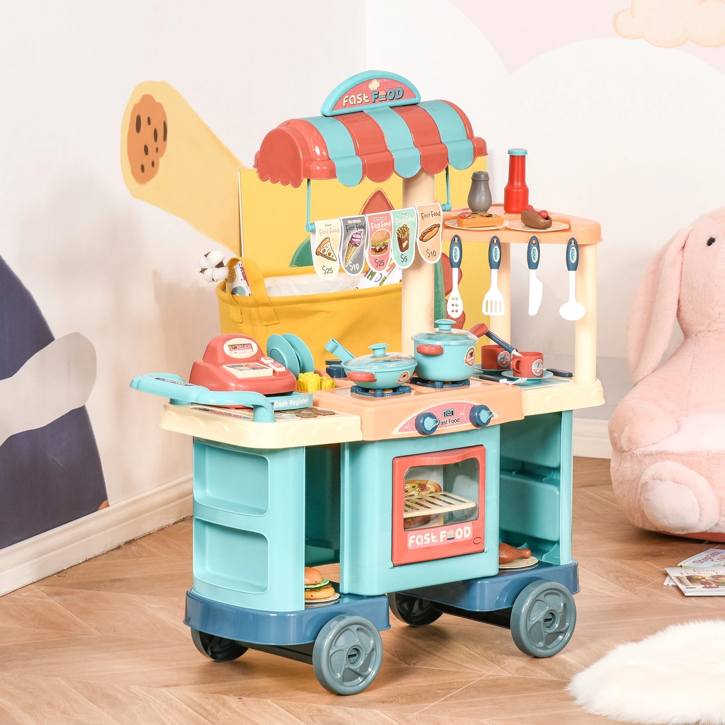 50 Pcs Kids Kitchen Play Set Fast Food Trolley Cart Pretend Playset Toys with Play Food Accessories Gift for Boys Girls Age 3-6