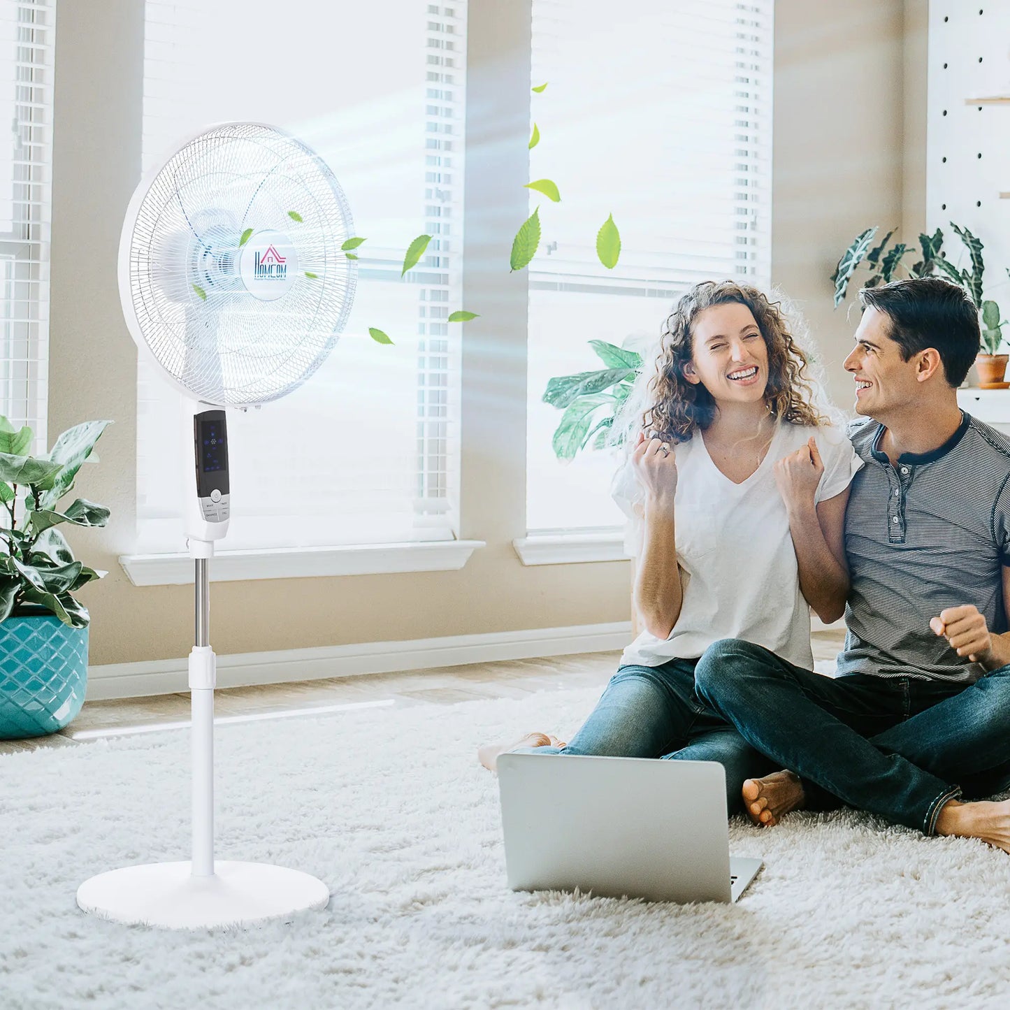 HOMCOM 16'' Pedestal Stand Fan, 3 Speed 3 Mode, 85° Oscillation, 3M Remote Controller, Height Adjustable, Black and White