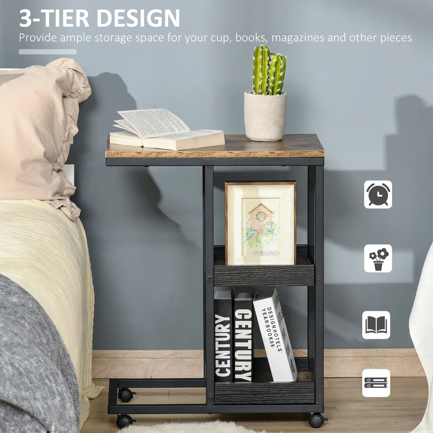 HOMCOM Industrial Mobile Sofa Side Table C-Shaped Rolling Couch Table with 3-Tier Storage Shelving Four Lockable Wheels - Brown