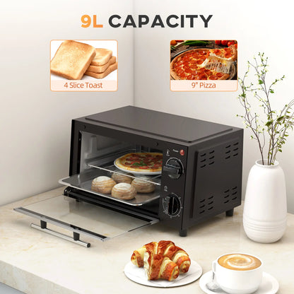 HOMCOM Mini Oven, 9L Countertop Electric Grill, Toaster Oven with Adjustable Temperature, Timer, Baking Tray, 750W