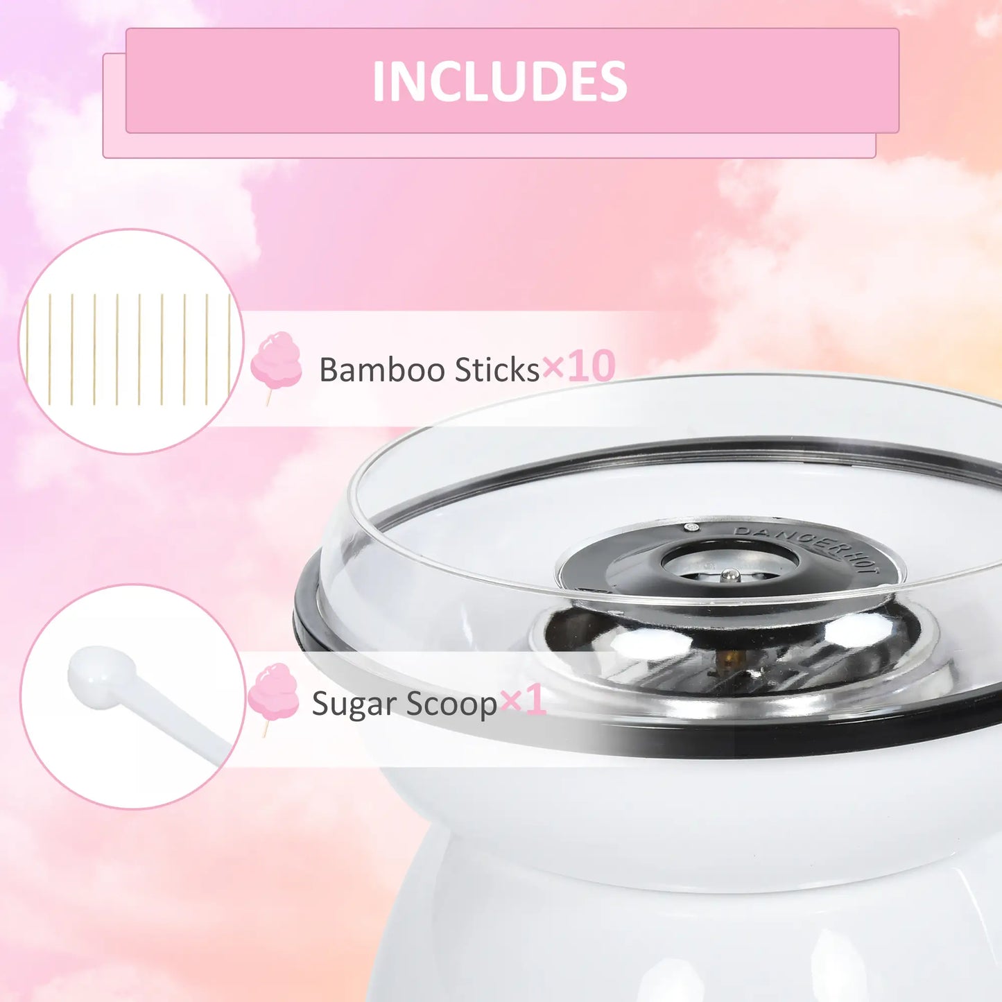 HOMCOM Candy Floss Machine, Automatic Cotton Candy Sweet Machine with Candyfloss Sticks, Non-Slip Base, White