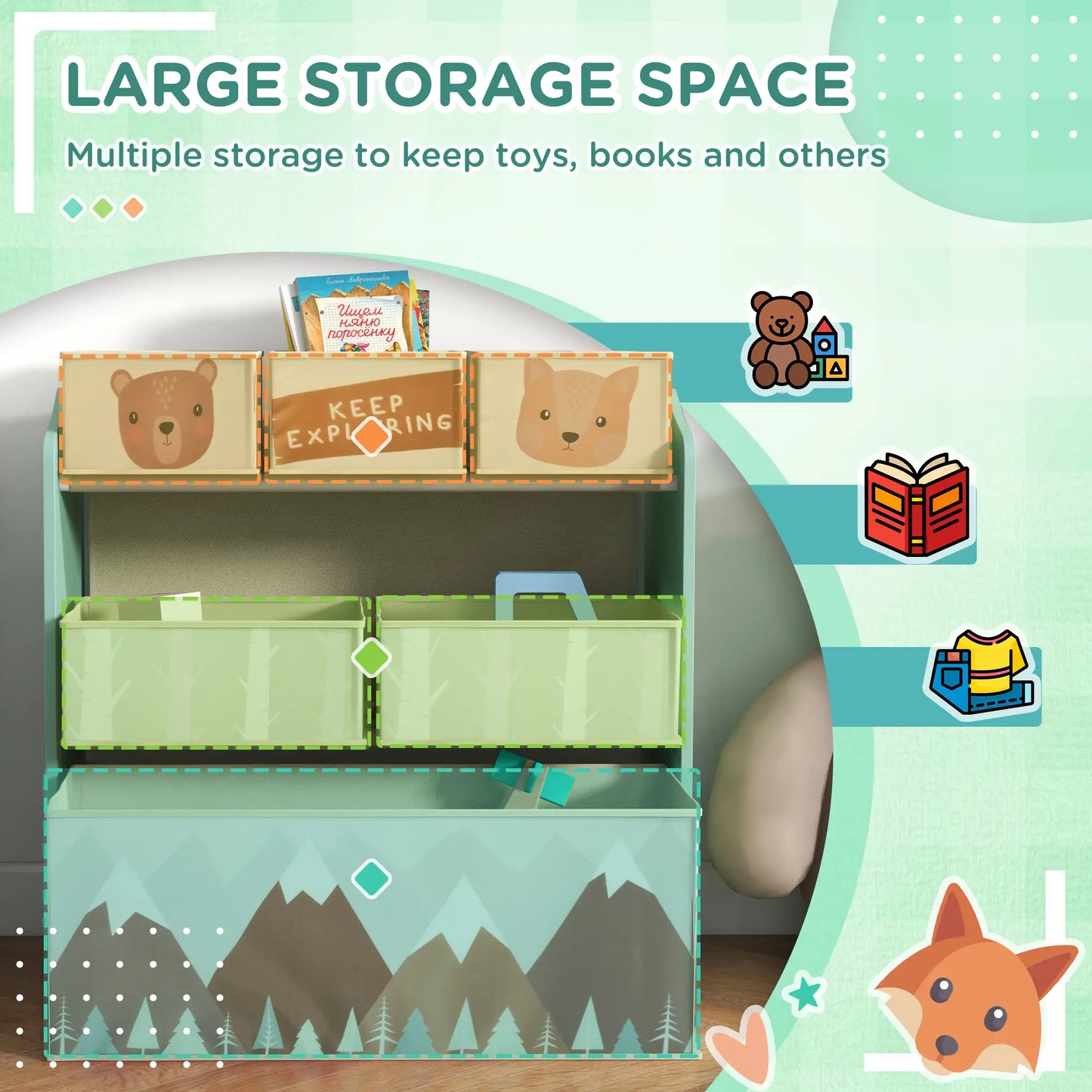 ZONEKIZ Kids Storage Unit, Toy Storage Organiser with Six Fabric Bins, for Bedrooms, Playrooms - Green
