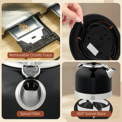 HOMCOM Polished Metal Stainless Steel Kettle 1.7L and Toaster Set - Black