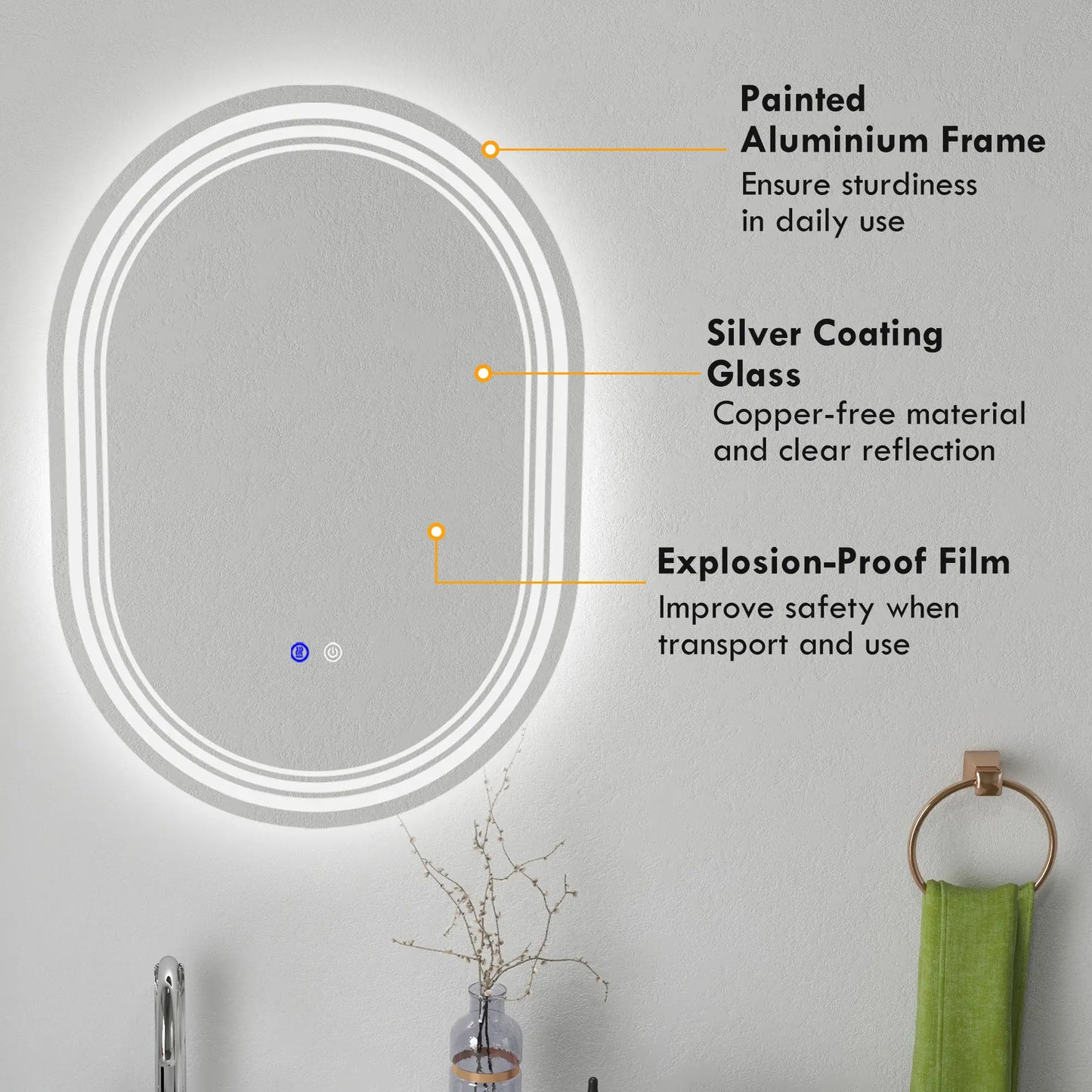 kleankin Bathroom Mirror with LED Lights Makeup Mirror, Anti-fog Touch, Switch, Vertical or Horizontal