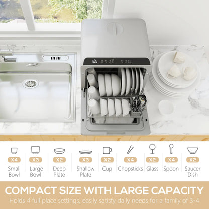 HOMCOM Table Top Dishwasher with Built-in 6L Water Tank, Mini Countertop Dishwasher with 6 Programs, Silver Tone
