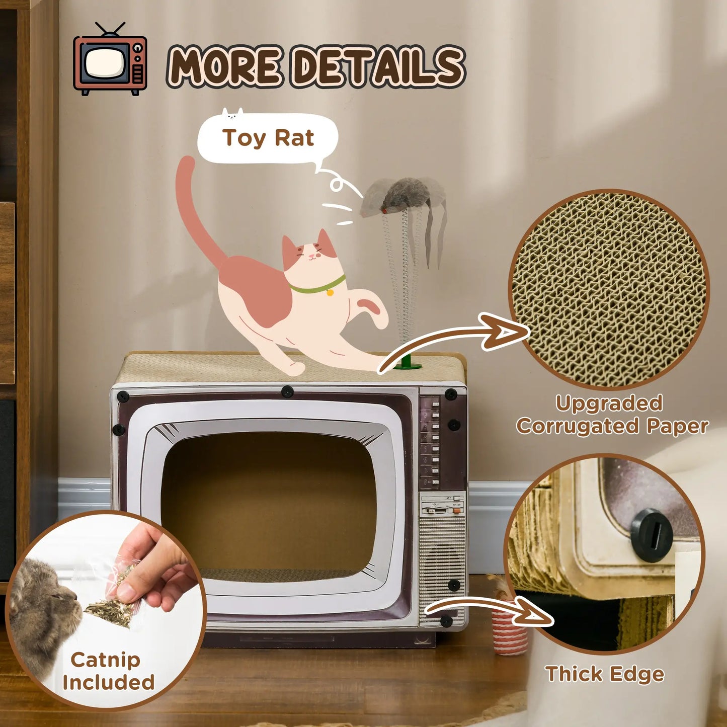 PawHut TV-Shaped Scratching Board with Scratcher, Catnip, Toy Rat, Cat Scratcher for Indoor Cats