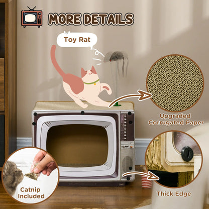 PawHut TV-Shaped Scratching Board with Scratcher, Catnip, Toy Rat, Cat Scratcher for Indoor Cats