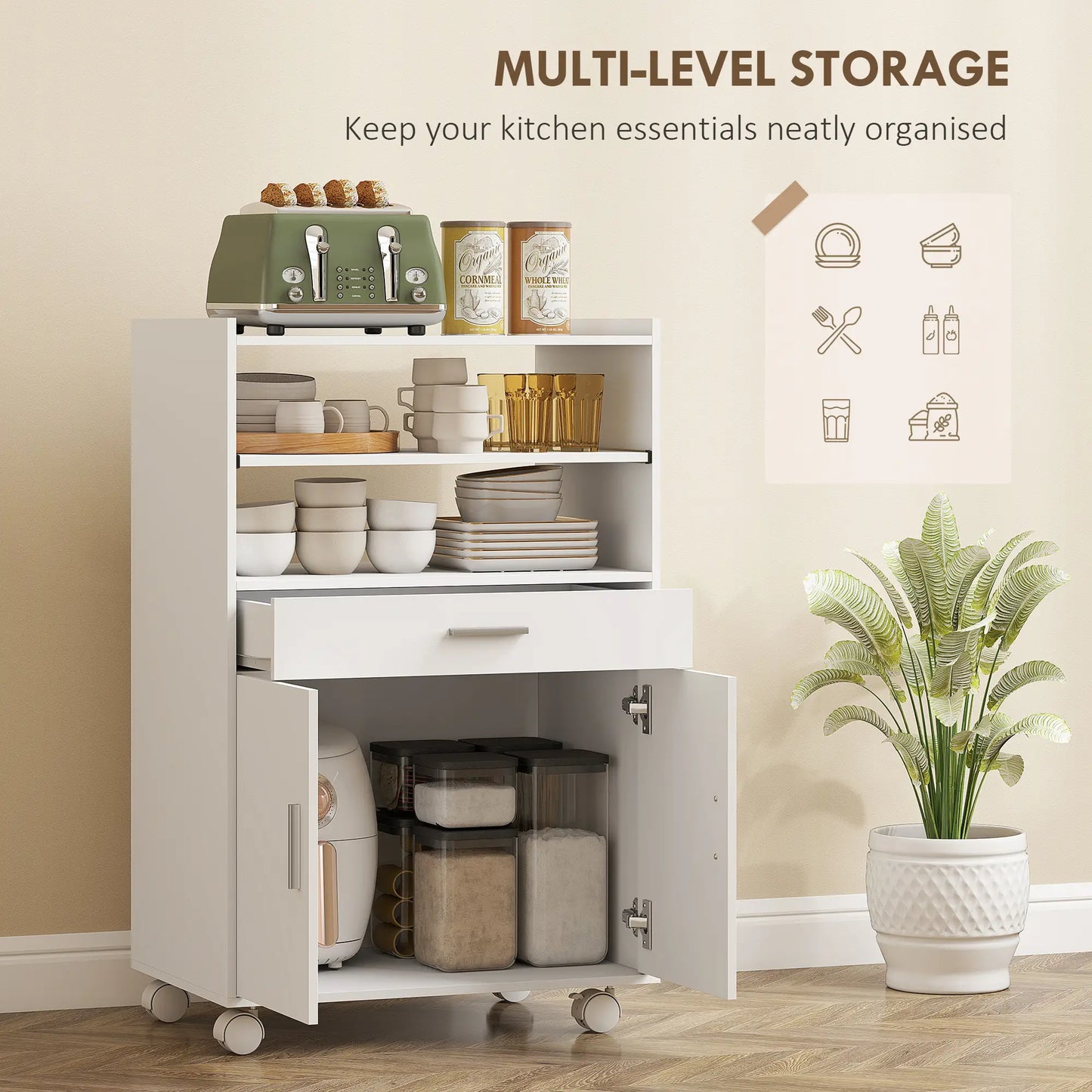 HOMCOM Kitchen Trolley with Wheels, Modern Mobile Microwave Stand with Slide-Out Shelf, Drawer & 2 Doors