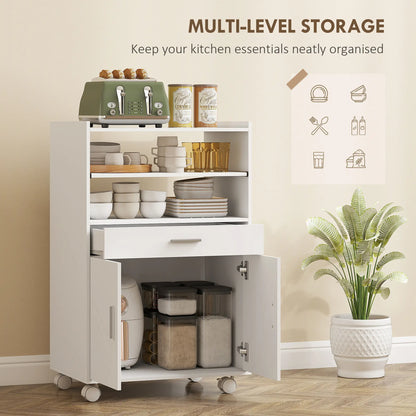 HOMCOM Kitchen Trolley with Wheels, Modern Mobile Microwave Stand with Slide-Out Shelf, Drawer & 2 Doors
